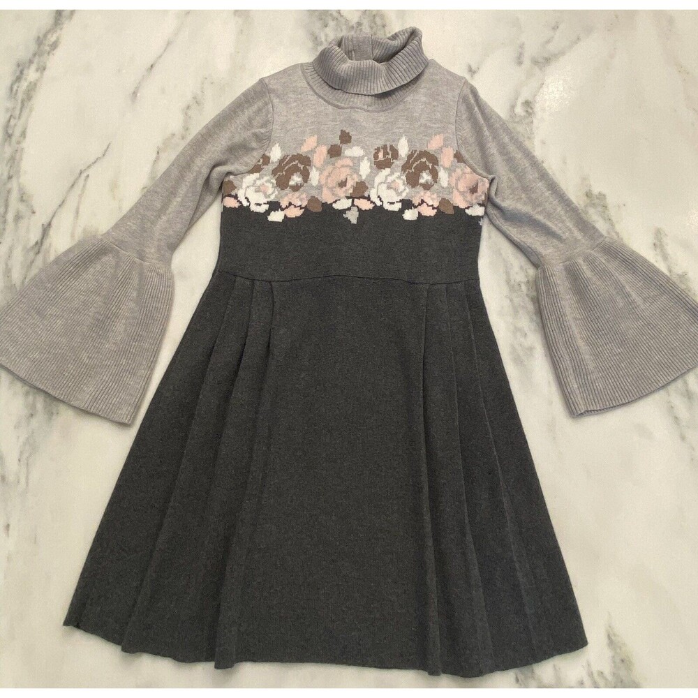 Janie and Jack Girls Sweater Dress Grey Pink Bell Sleeve knee length Size 8